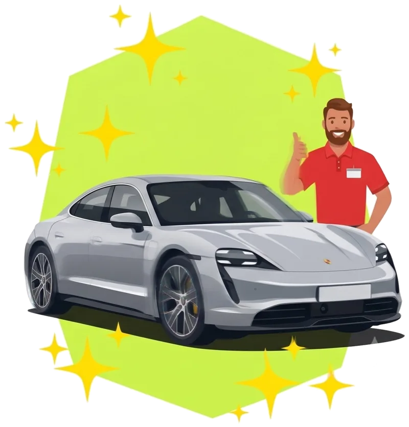 Freshly washed, sparkling-clean Porsche with a smiling Spark team member